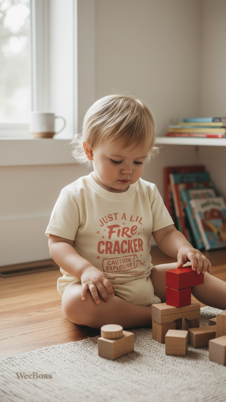 Toddler sitting on a rug indoors playing with wooden blocks, wearing a cream cotton tee with a red Just a Lil Firecracker graphic — warm home setting, natural light from a nearby window