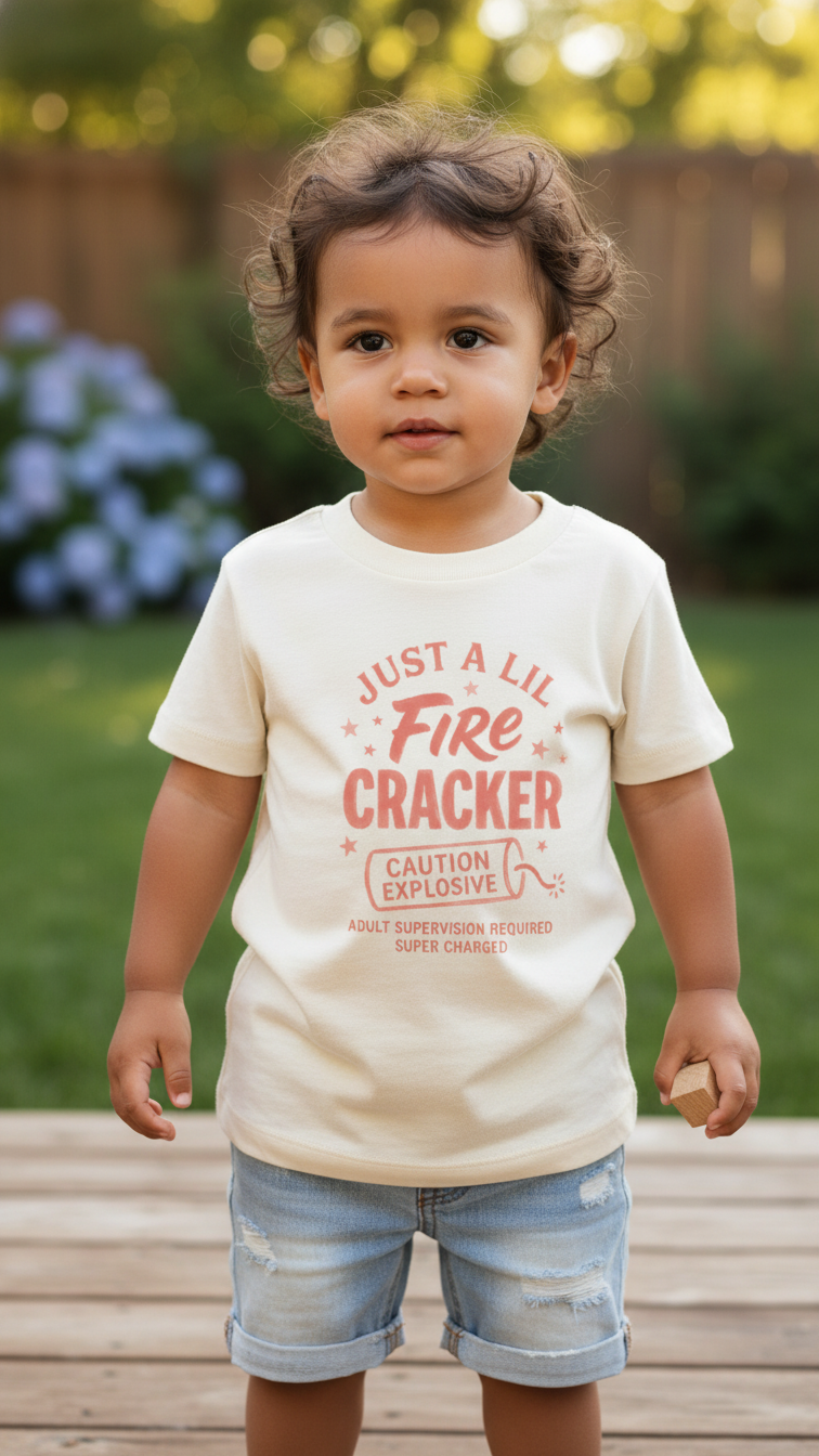 Toddler standing outdoors on a wooden deck in a backyard, wearing a cream tee with a red Just a Lil Firecracker graphic and denim shorts — bright daylight, green garden behind