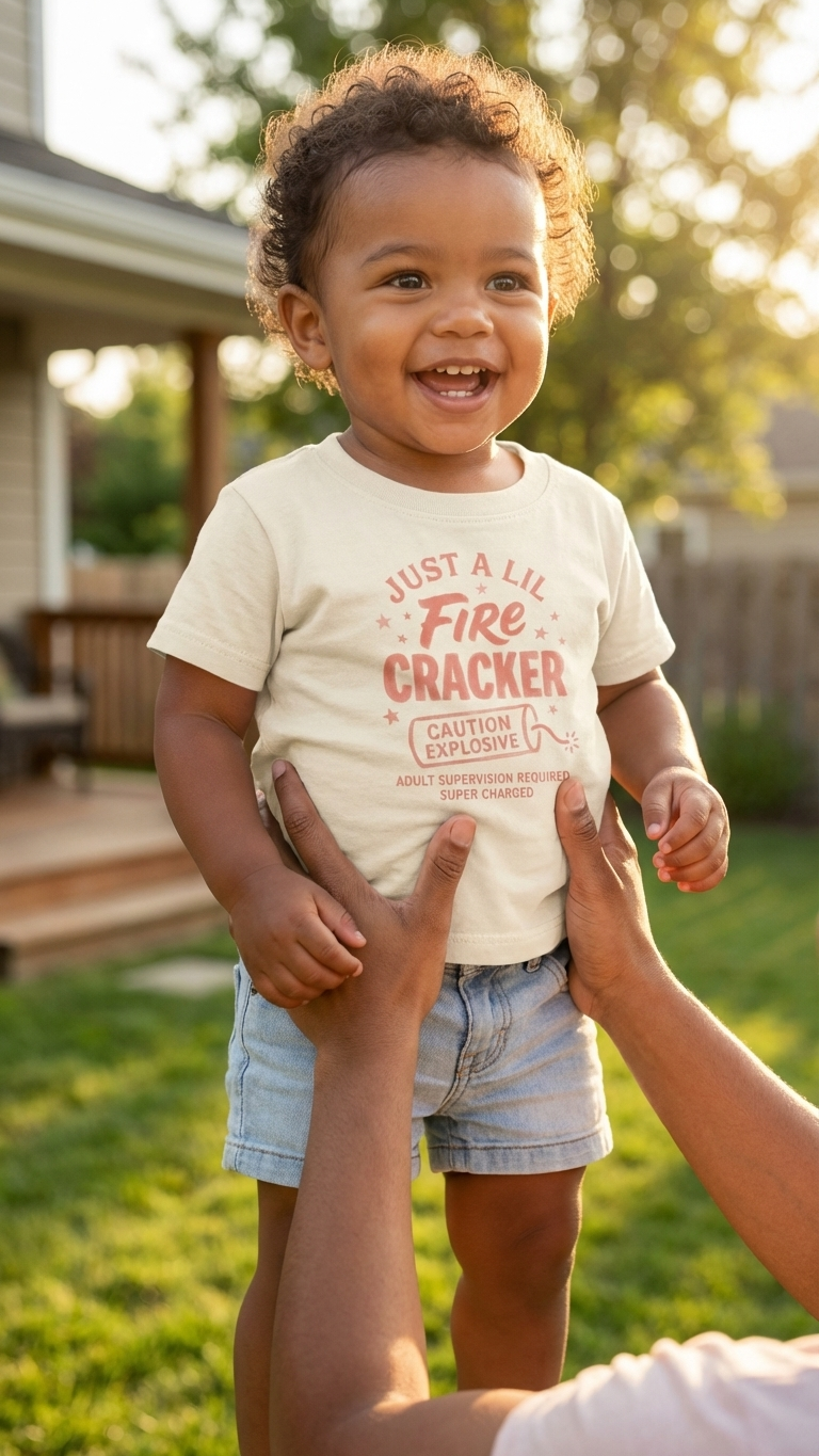 Toddler being lifted by an adult in a sunny backyard, smiling, wearing a cream Just a Lil Firecracker tee and denim shorts — warm golden afternoon light, green lawn and house in the background
