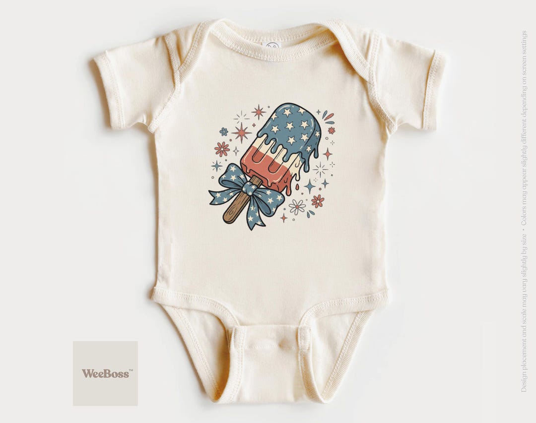 Patriotic Popsicle baby bodysuit by WeeBoss — starry ice cream illustration, summer palette, natural cotton
