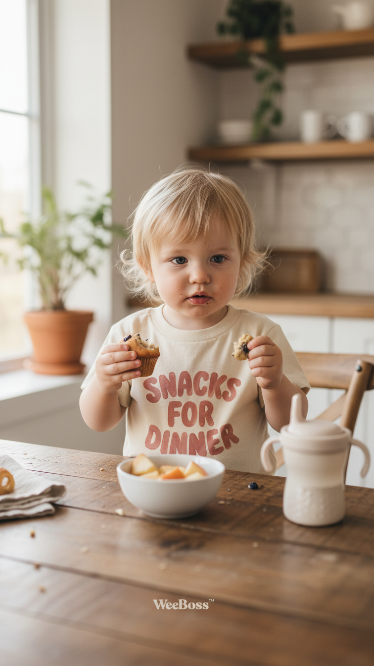 Baby wearing soft apparel in a warm home kitchen setting — everyday baby clothing in natural light