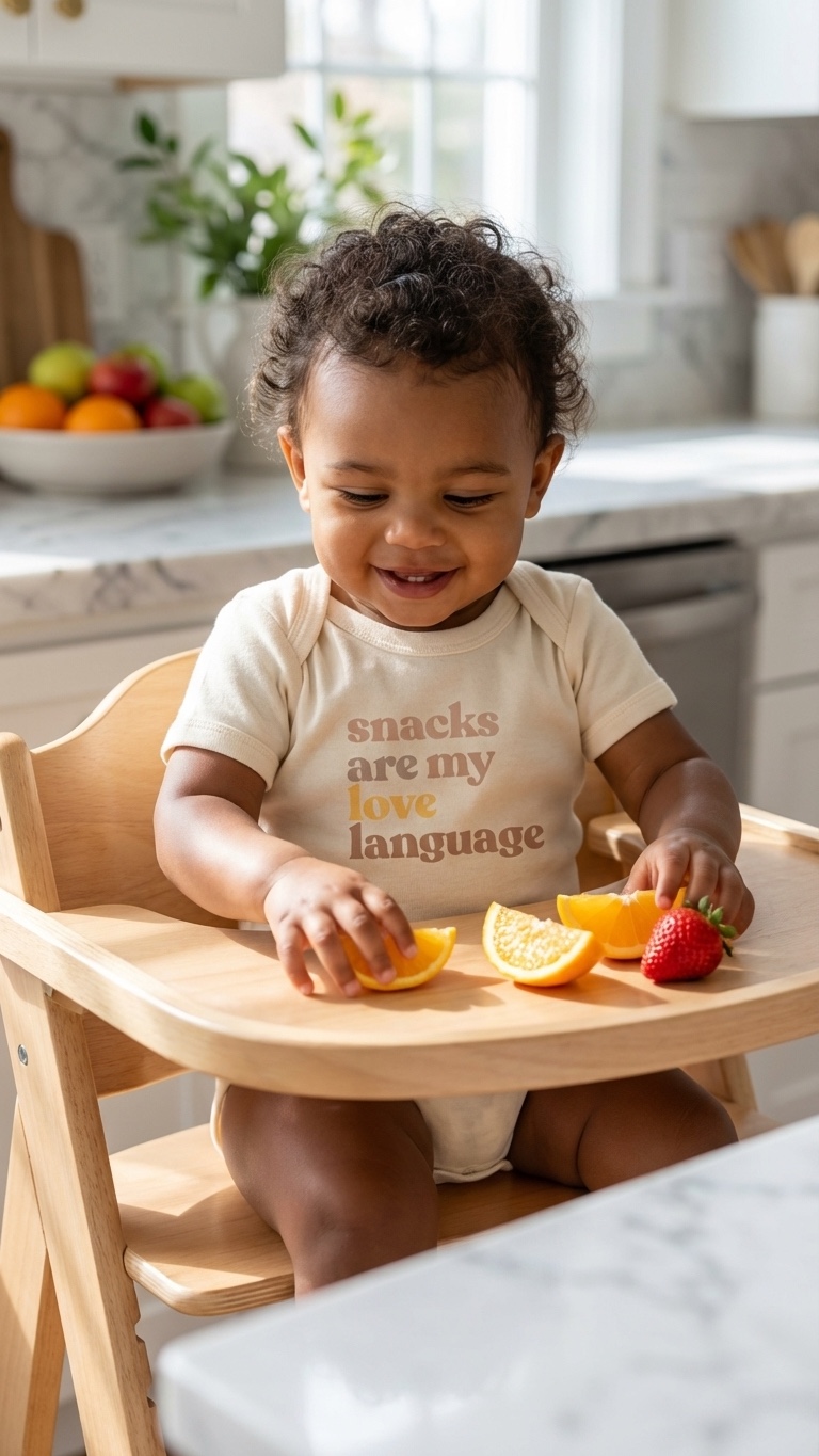 Baby wearing a cream WeeBoss bodysuit in a high chair in a bright kitchen, happily holding fruit slices — everyday baby apparel in use