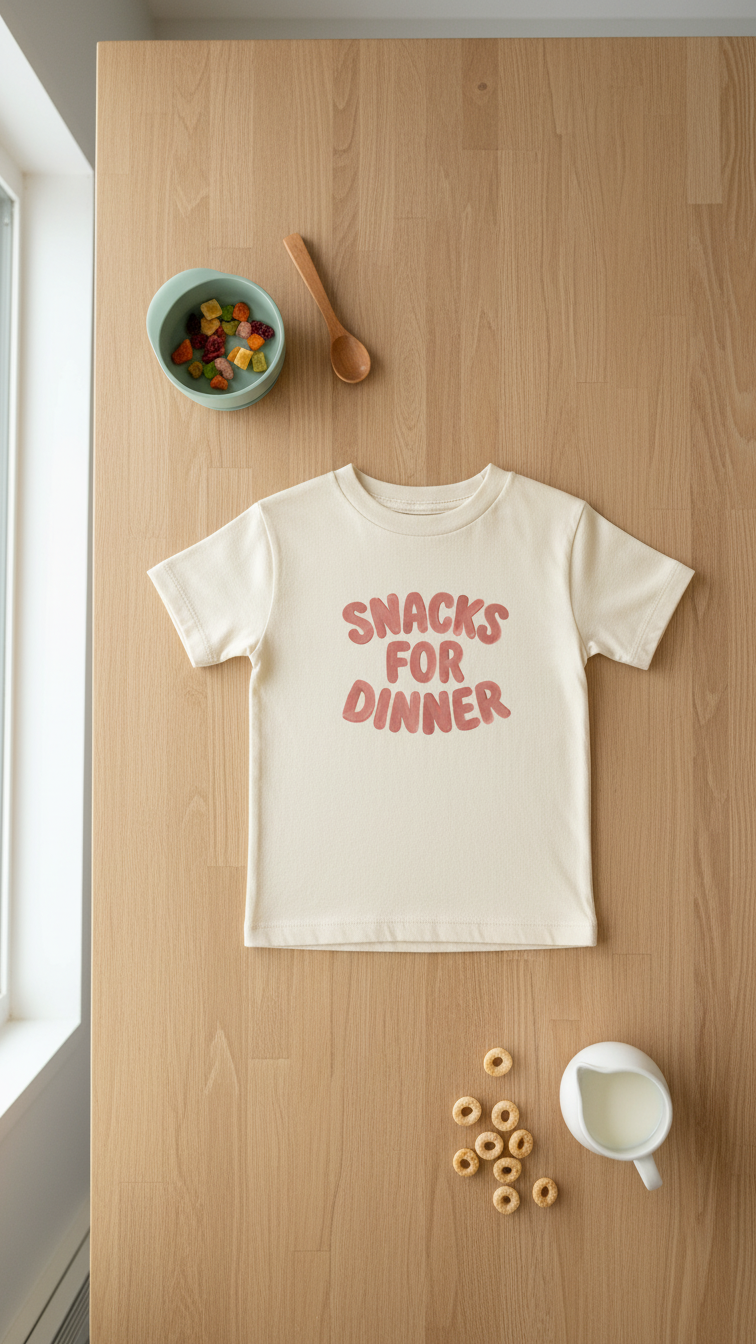 Snacks For Dinner baby bodysuit by WeeBoss — clean typography on natural cream fabric, quiet and clever