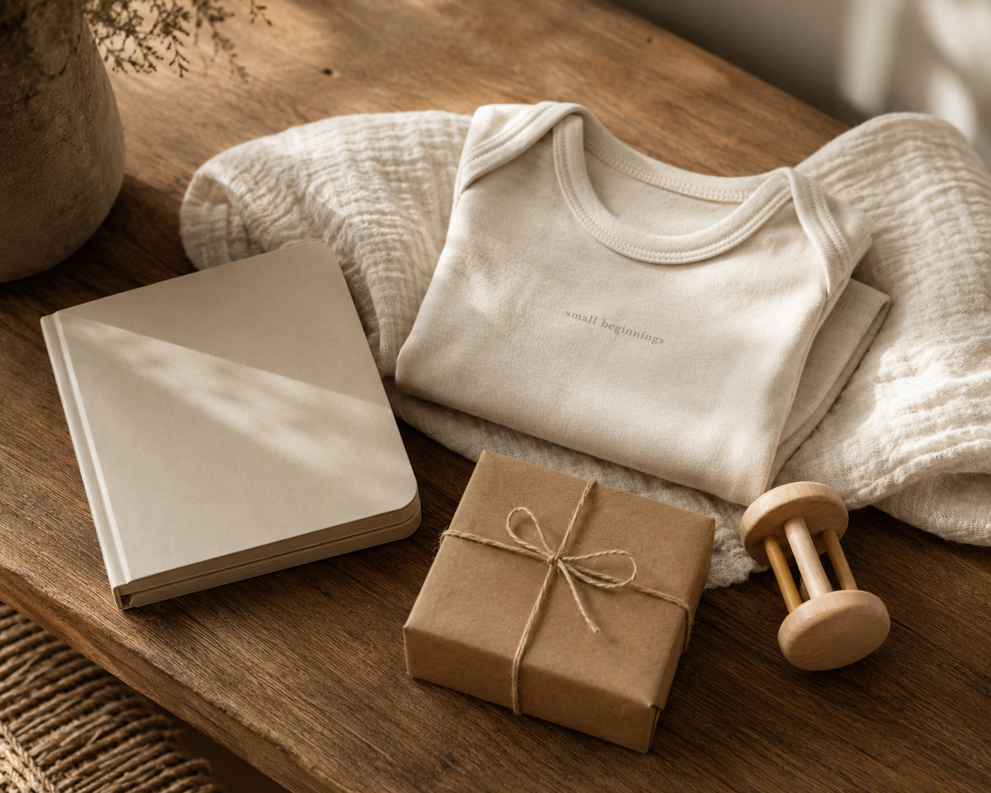 Curated baby gift flat lay on warm linen — board book, folded cream baby bodysuit, small wrapped gift, and a wooden object on a warm wood surface