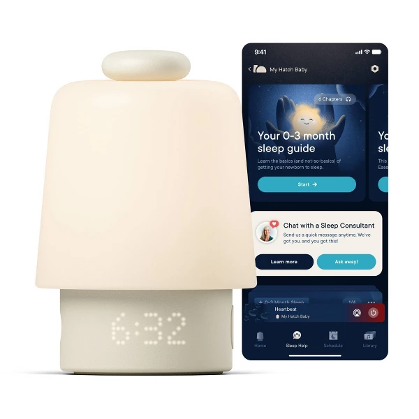 Hatch Baby Rest+ sound machine and night light in putty — rounded minimal form