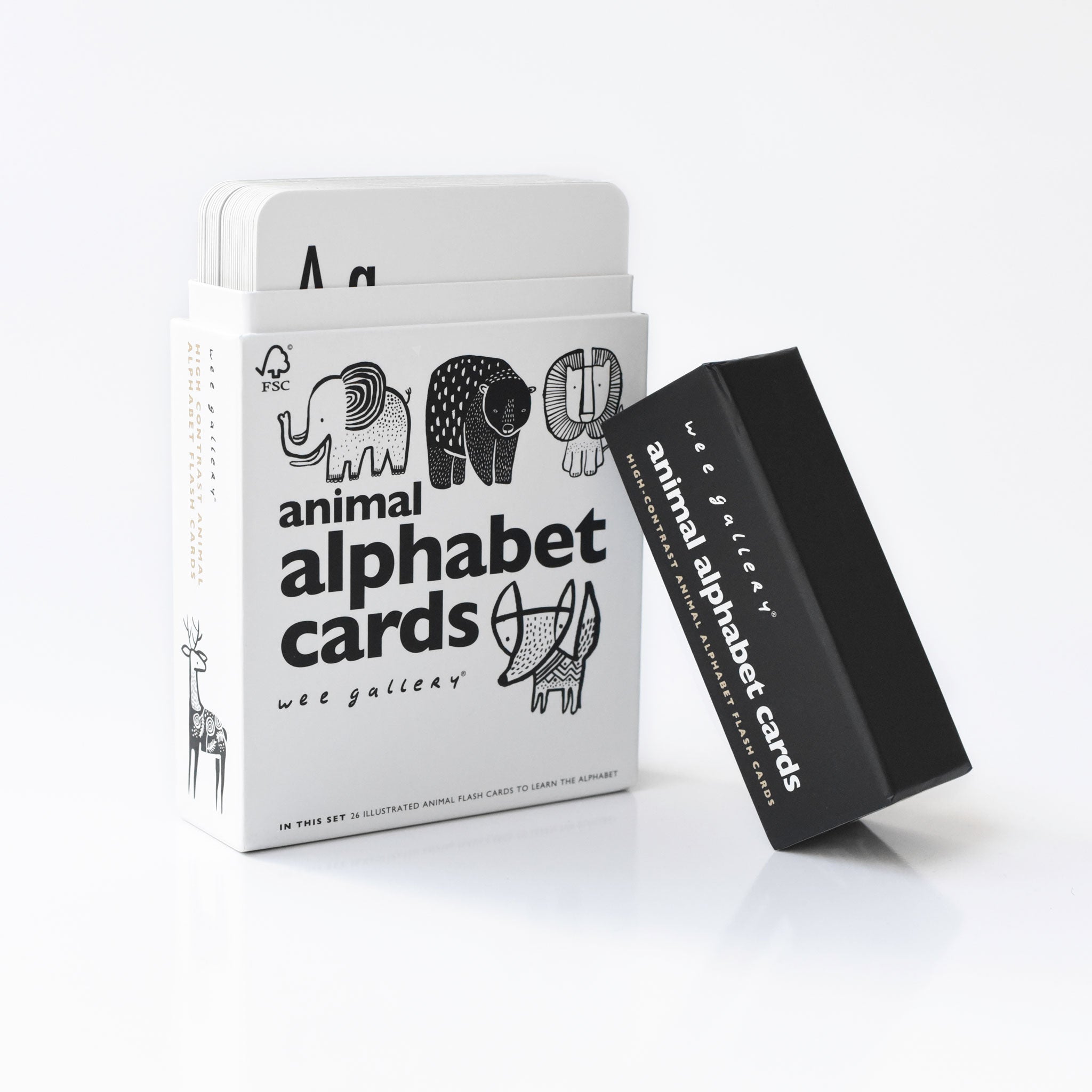 Wee Gallery high-contrast art cards — black and white graphic animal illustrations for newborn visual development