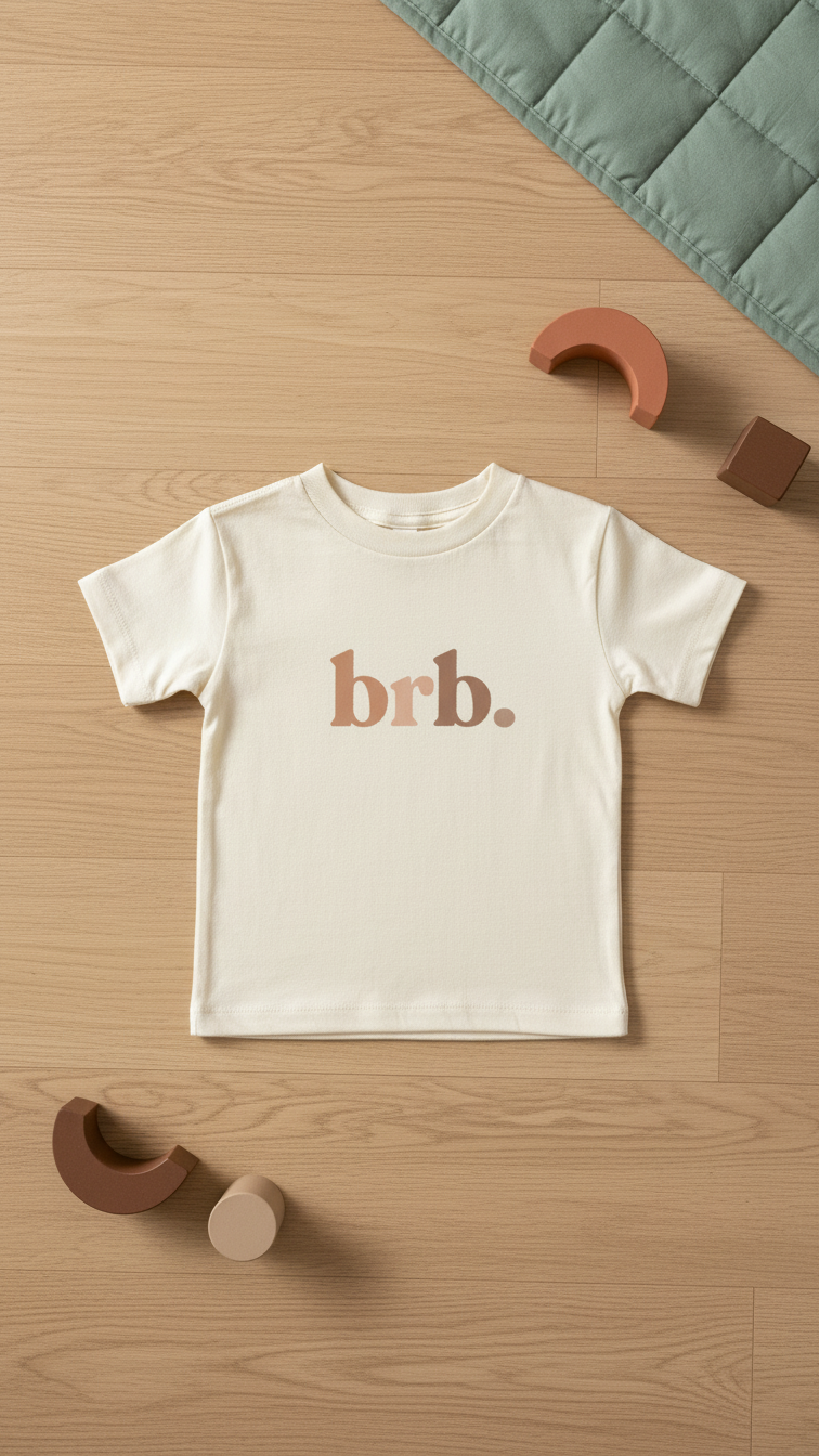 WeeBoss 'brb.' toddler tee flat lay on warm wood surface with small ceramic and wooden props — editorial baby apparel with quiet, clever typography