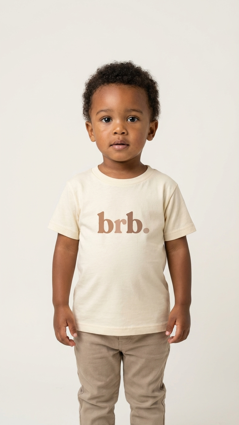 Toddler wearing WeeBoss 'brb.' tee — cream fabric with warm earth-tone typography, the kind of design-conscious personality piece that photographs without explanation