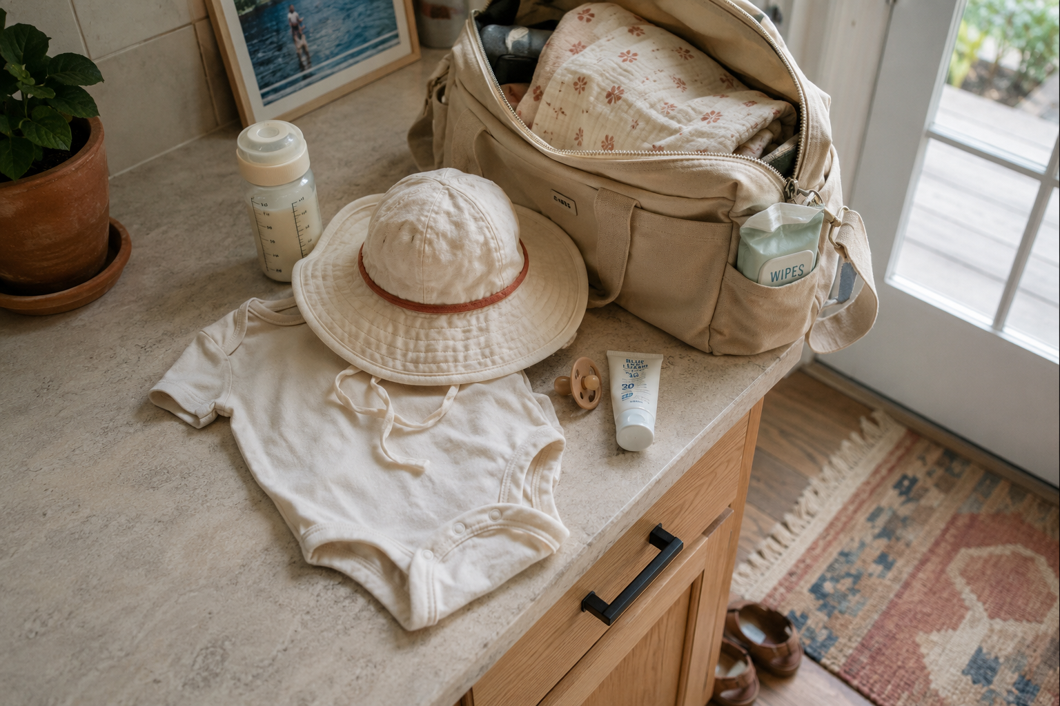 Baby outing essentials on a kitchen counter near a back door — cream cotton bodysuit, wide-brim sun hat, diaper bag, bottle, and sunscreen in warm natural morning light