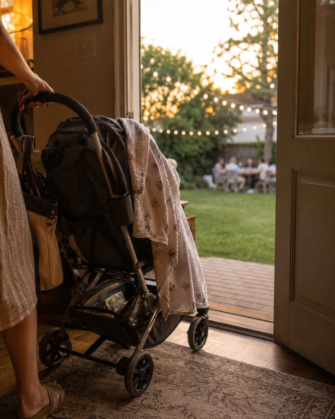 A parent rolling a stroller toward an open back door at golden hour, blanket draped over the seat, a backyard summer gathering with string lights softly blurred in the background