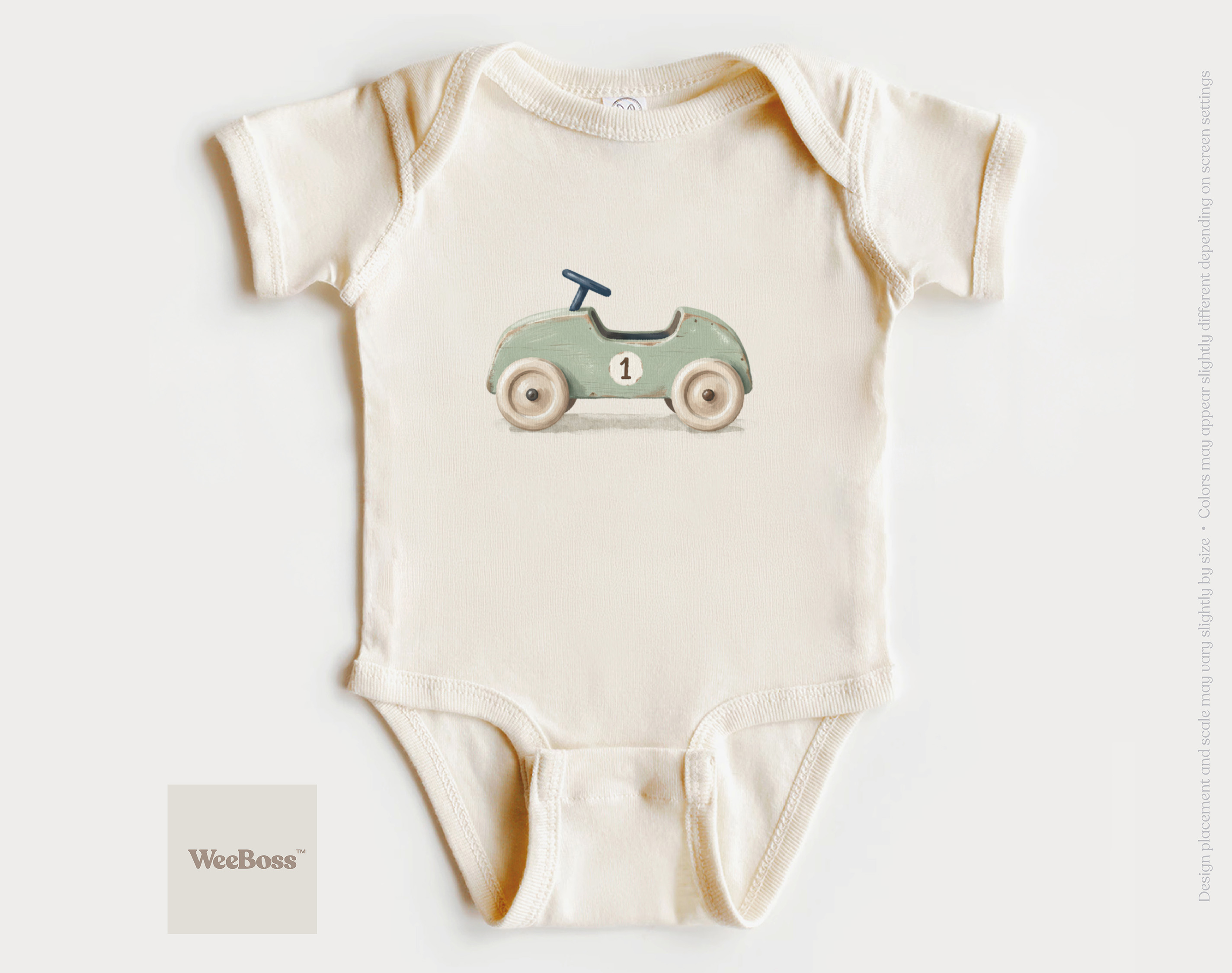 WeeBoss Vintage Race Car Toy baby bodysuit with illustrated classic race car design