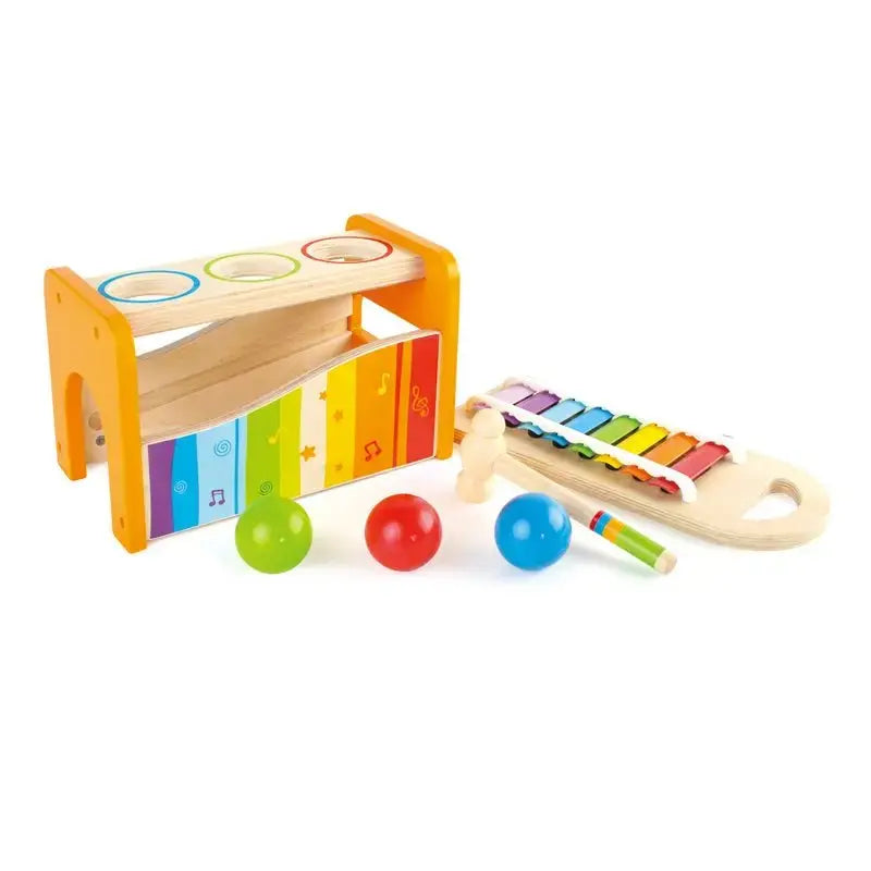 Hape Pound and Tap Bench with slide-out xylophone and three colored balls