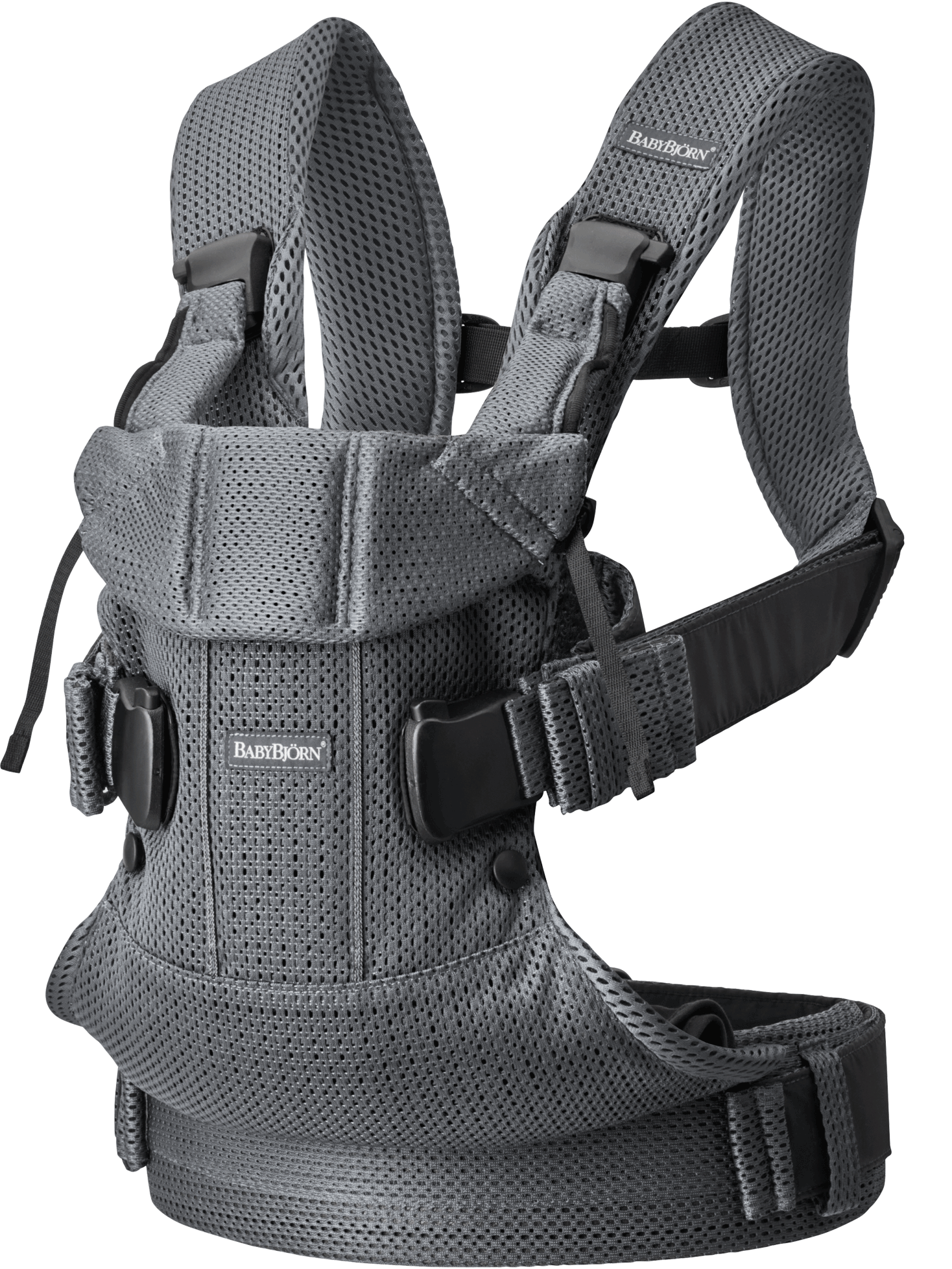 BabyBjörn Baby Carrier ONE Air in black mesh fabric being worn by parent