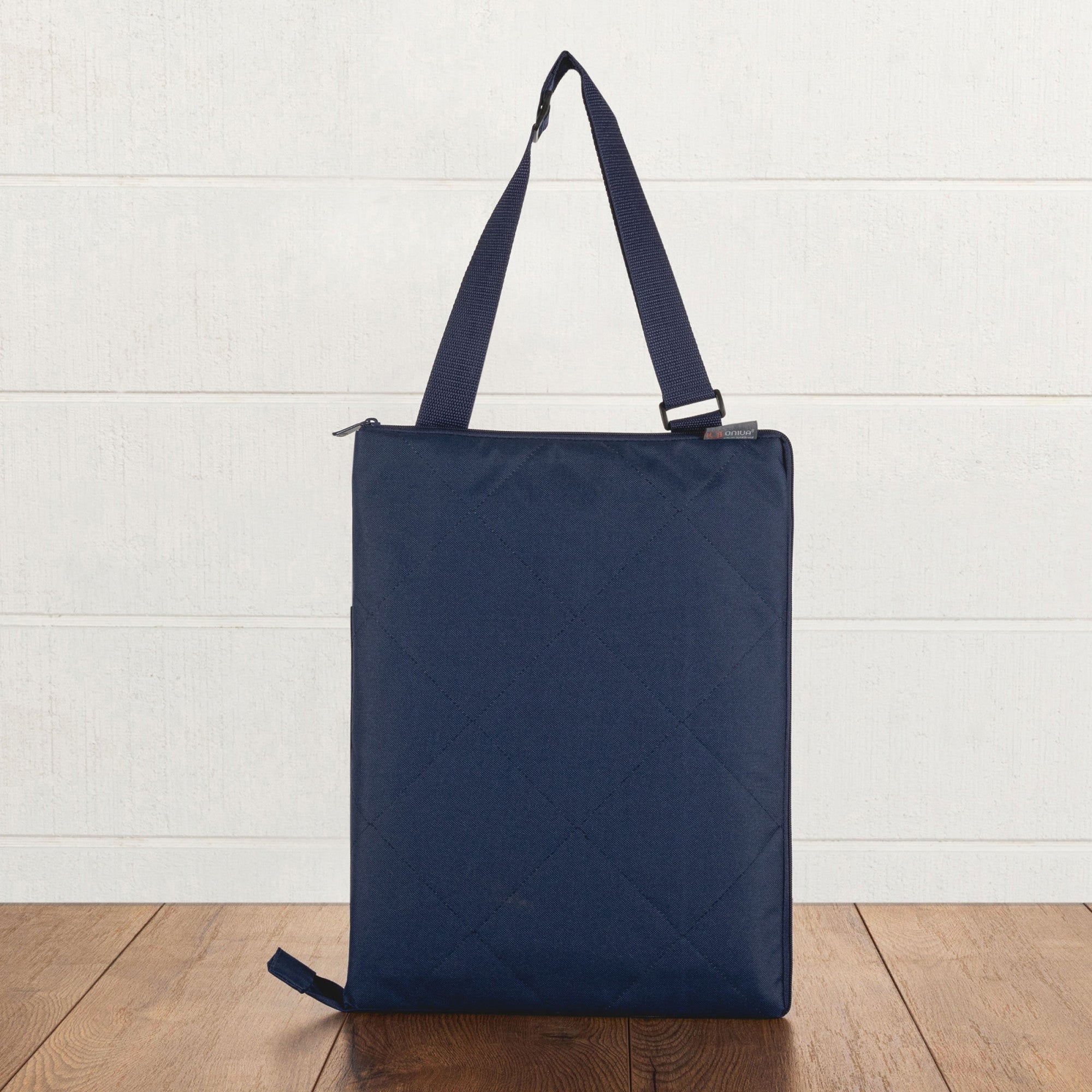 ONIVA Vista Outdoor Picnic Blanket and Tote in navy stripe with shoulder strap