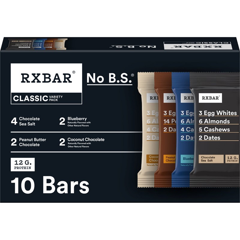 RXBAR Protein Bar variety pack 10-count box showing assorted flavors