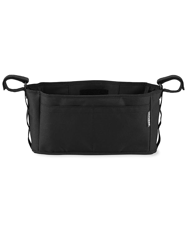 Skip Hop universal stroller organizer with cup holders attached to stroller frame