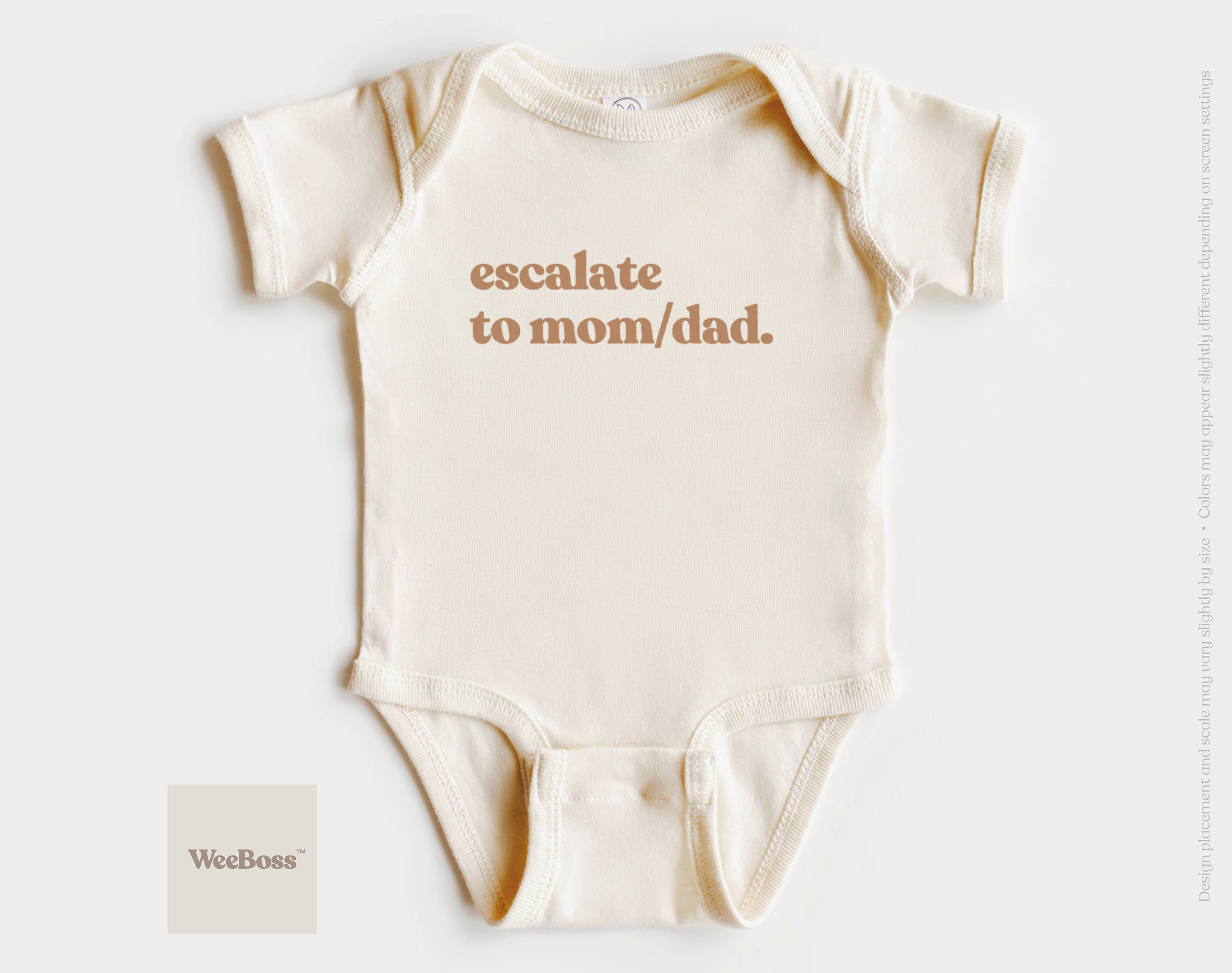 WeeBoss Escalate To Mom/Dad baby bodysuit — a funny, specific Father's Day gift for first-time dads