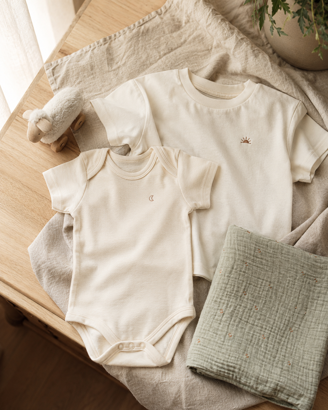 Funny baby bodysuit flat lay in warm nursery setting — quiet clever humor on soft natural fabric