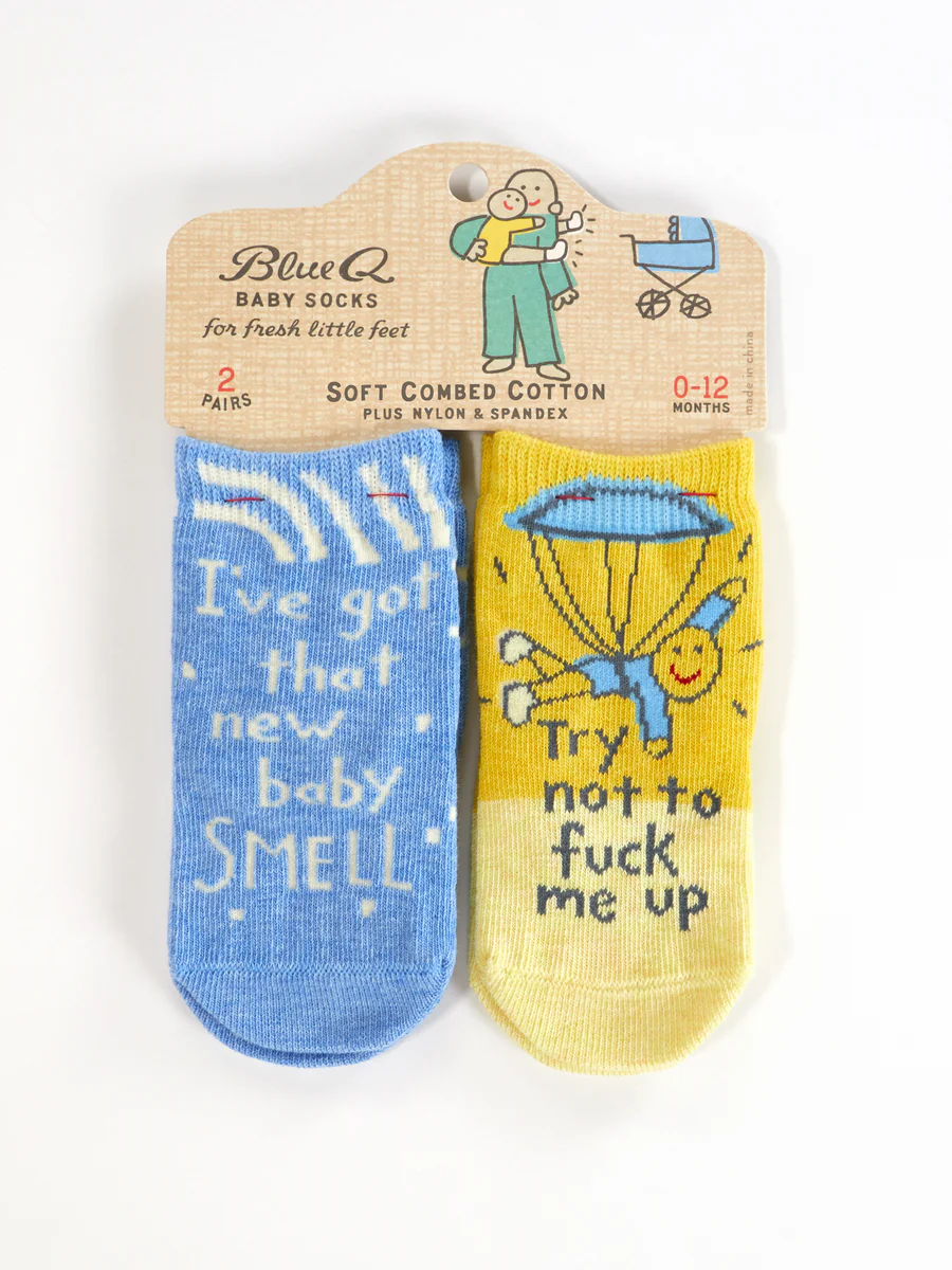 Blue Q funny baby socks with humorous text