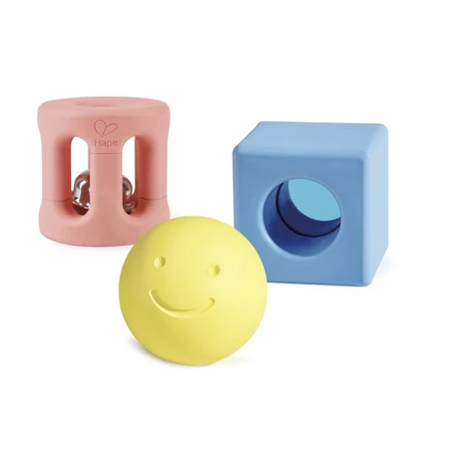 Hape geometric wooden and steel rattle trio set for babies