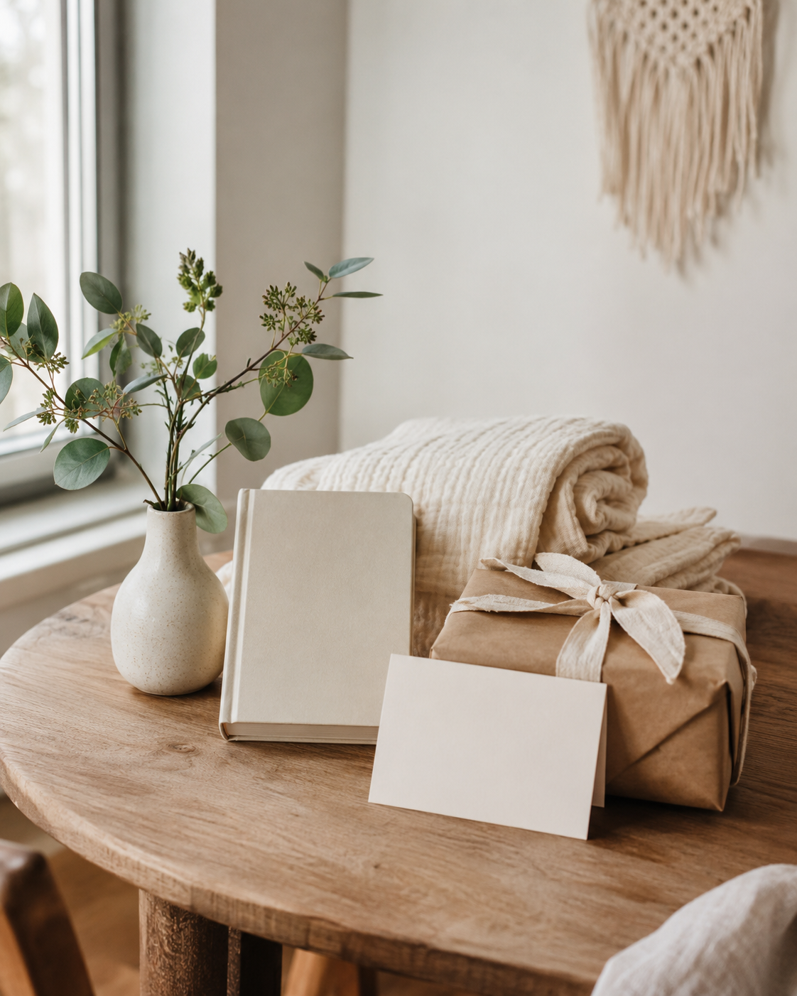 Curated baby shower gift arrangement on a warm wood table — board book, muslin swaddle, wrapped gifts