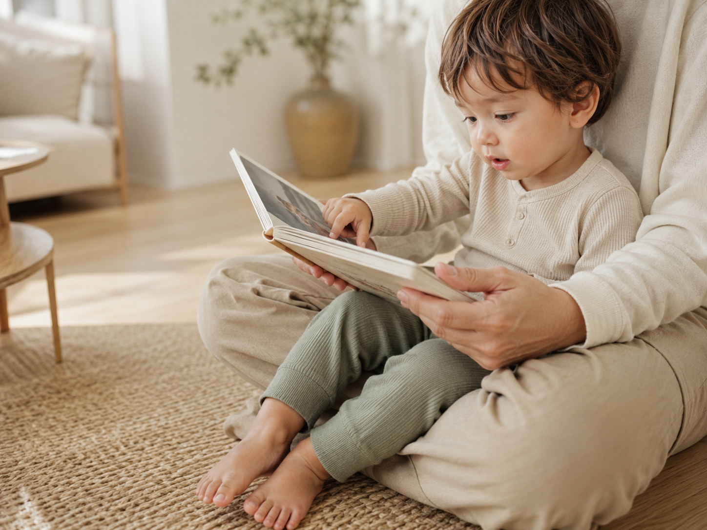 Parent and toddler reading a board book together in warm morning light