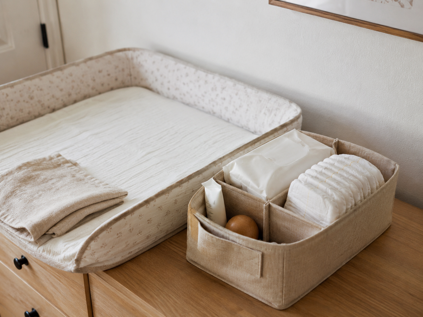 Organized diaper changing station with natural fabric caddy and essentials on a light wood dresser