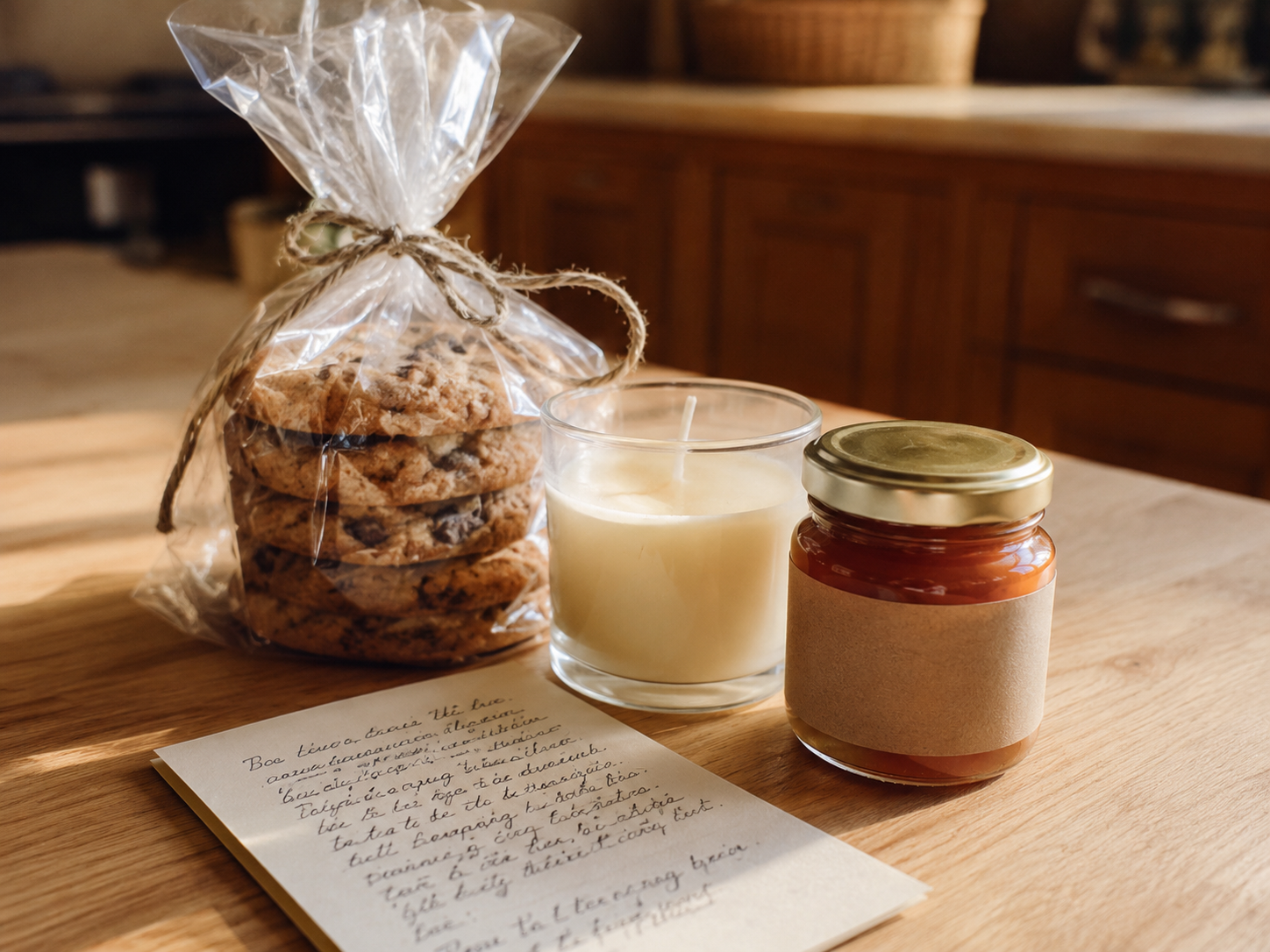 Small handmade snack gift arrangement with wrapped cookies, a candle, and a handwritten note