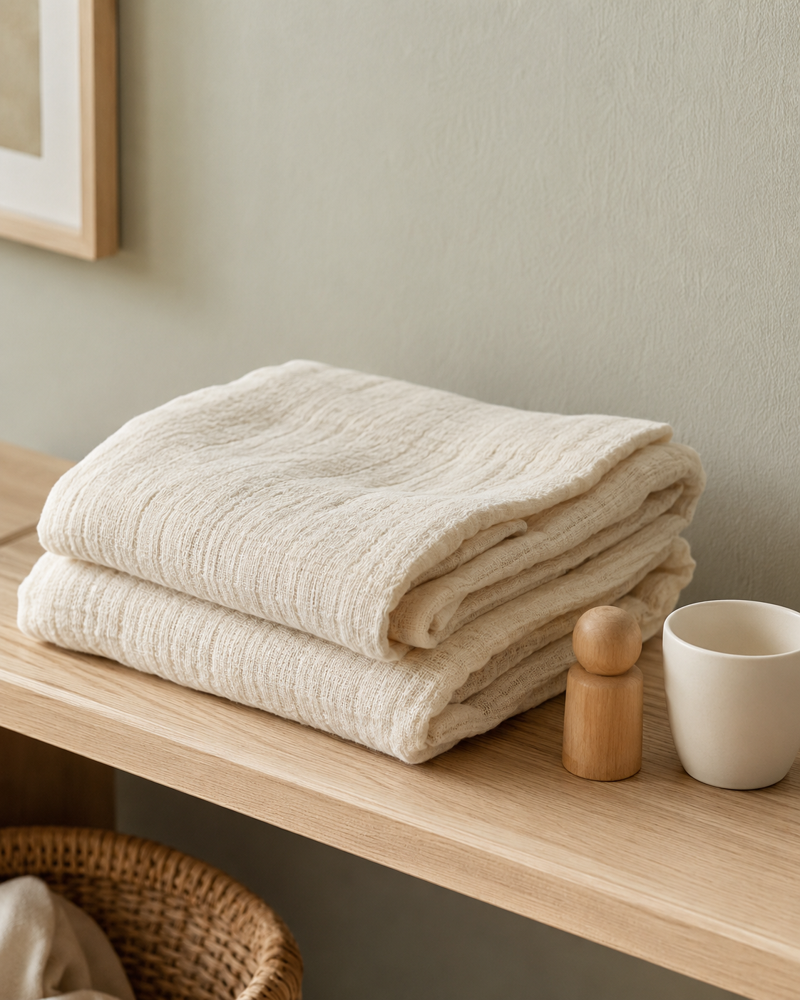 Cream muslin swaddle blanket folded on a nursery shelf with soft natural light