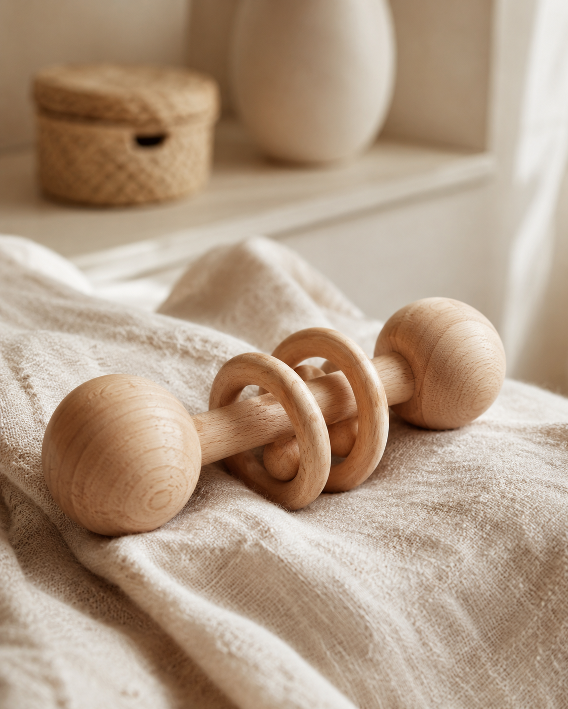 Natural wooden rattle on folded linen cloth with warm afternoon light