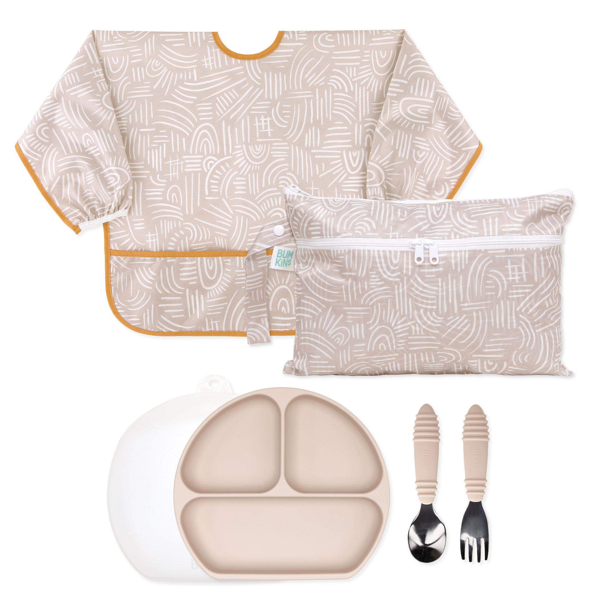 Bumkins On-The-Go Mealtime 6-Piece Set in Wander and Sand neutral colorway