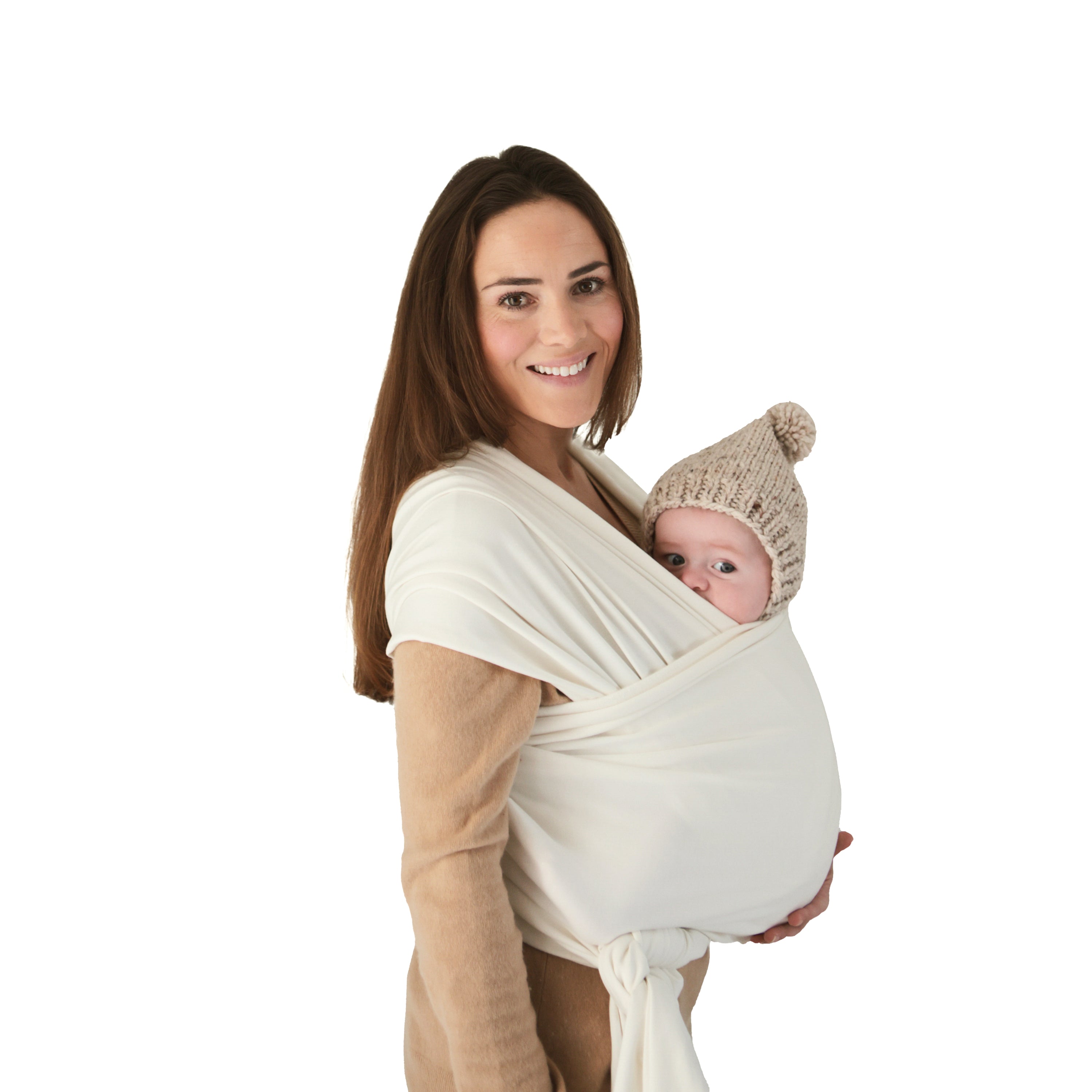 Mushie baby wrap carrier in ivory soft knit