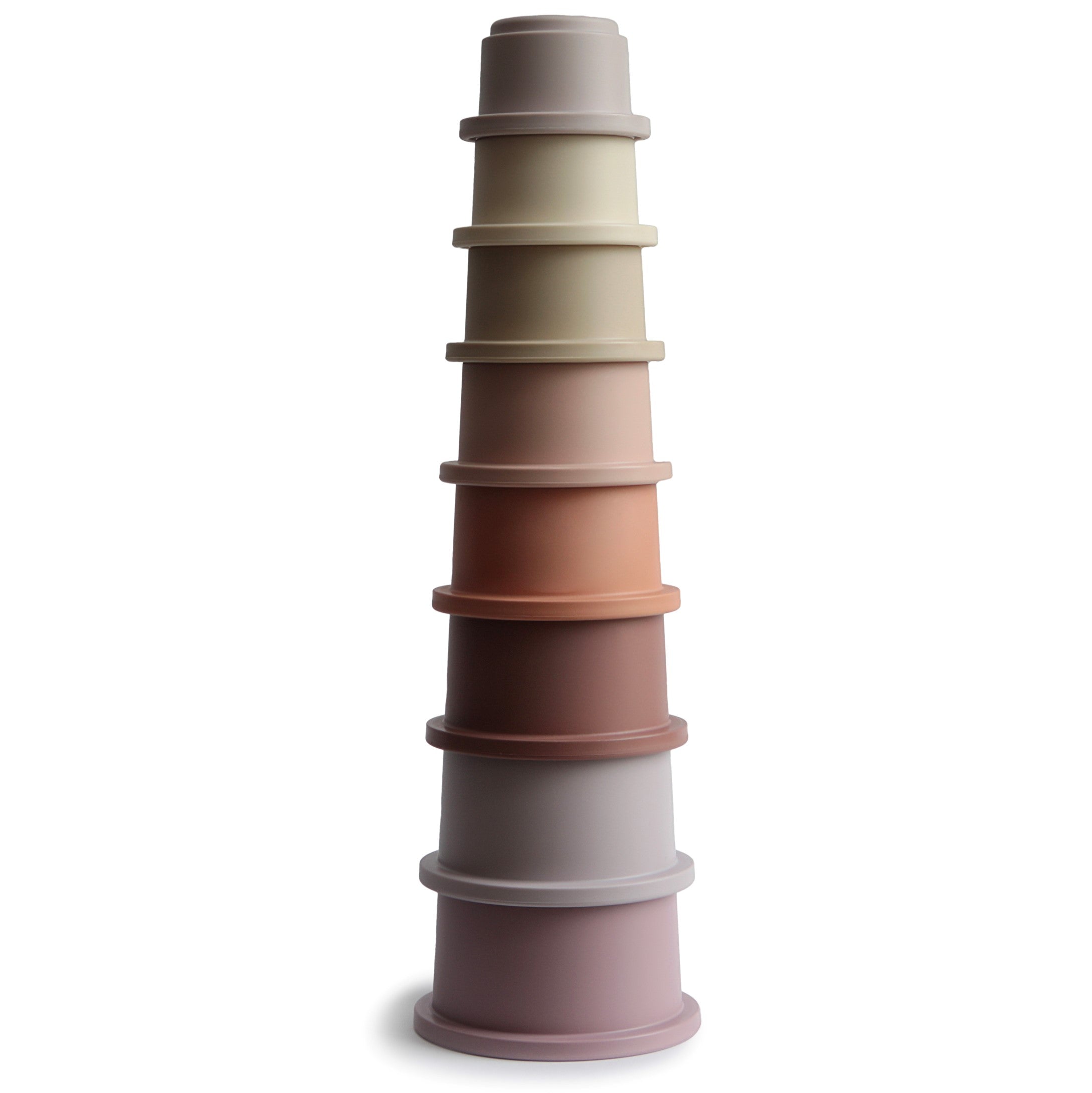 Mushie silicone stacking cups in neutral muted tones