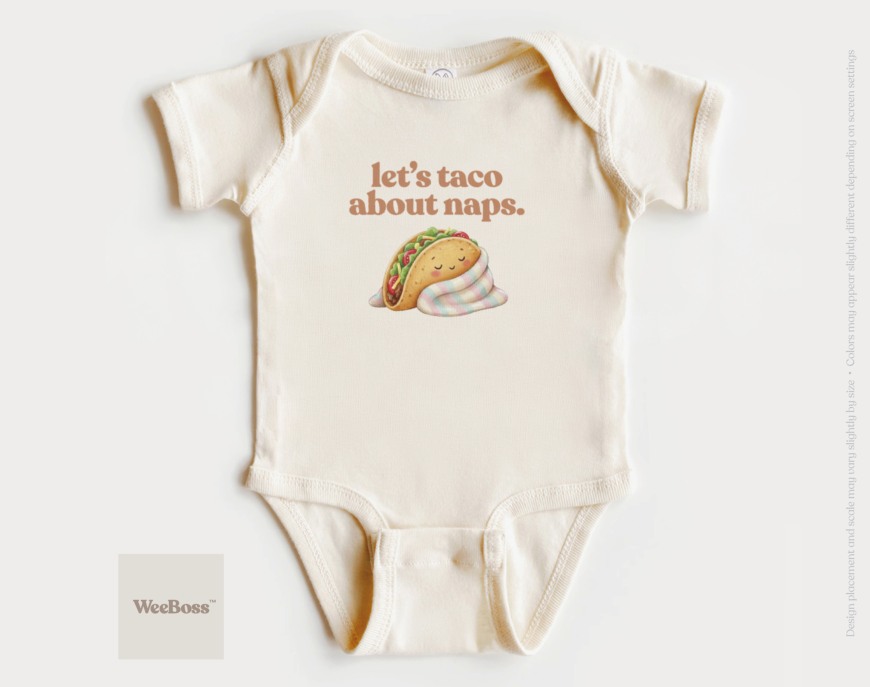 WeeBoss Let's Taco About Naps baby bodysuit — funny new parent humor gift for baby