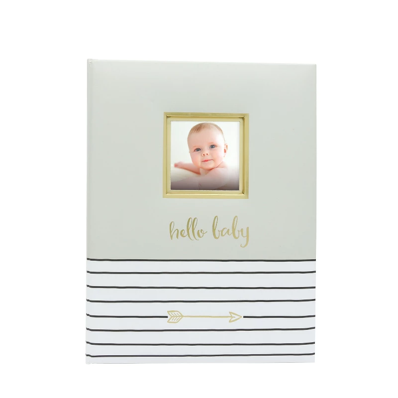 Pearhead Hello Baby memory book in gray with guided prompts and photo spaces