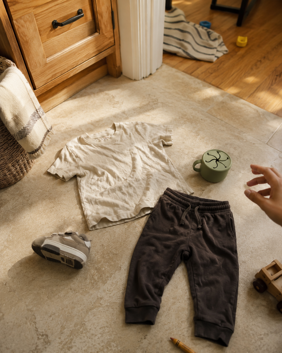 Toddler outfit laid out on a warm kitchen floor — cream tee, soft pants, one sneaker sideways, snack cup nearby. Morning chaos, toddler has opinions.