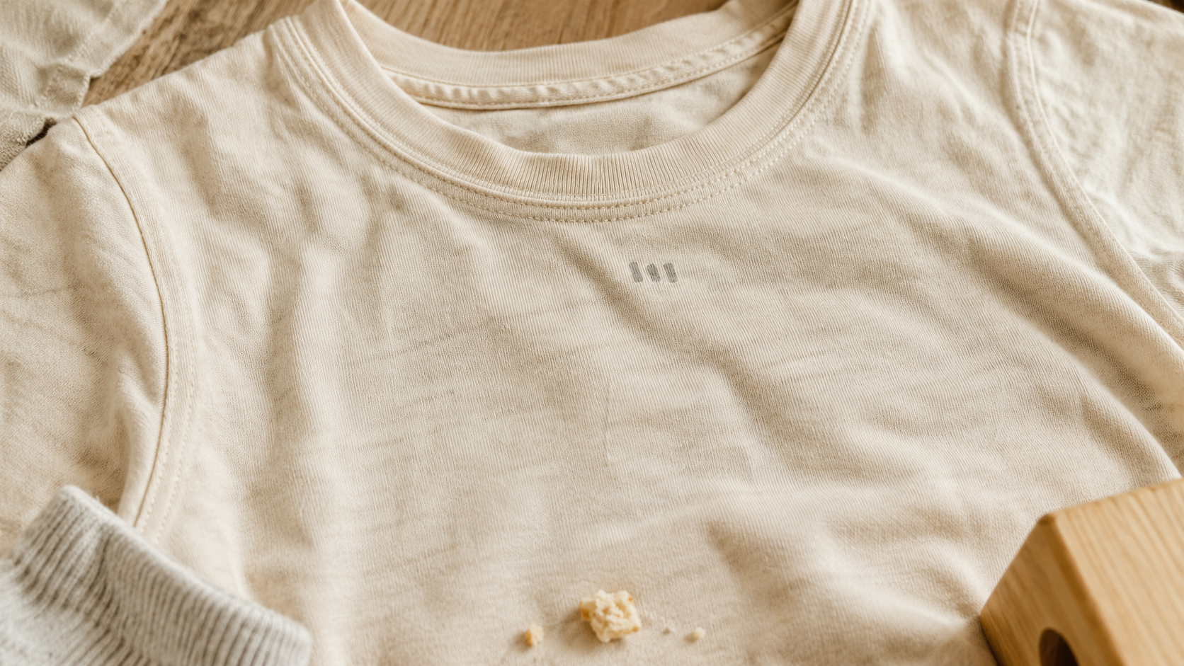Close-up of soft toddler tee fabric with a simple design area — wrinkled cotton, a wooden toy edge and crumbs nearby. Wearable, real, not precious.