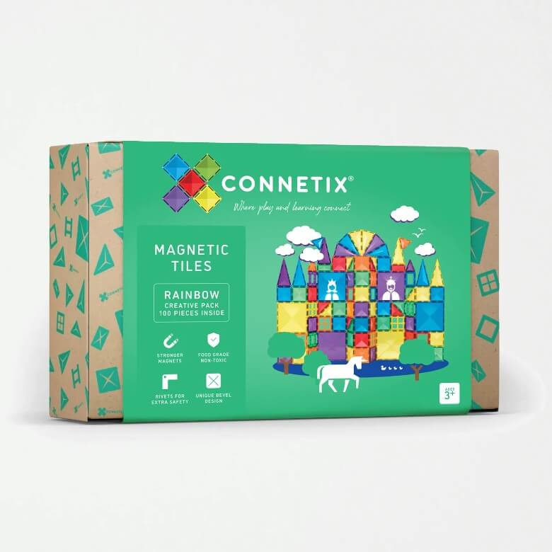 Connetix Tiles transparent magnetic building tiles in rainbow colors assembled into 3D house