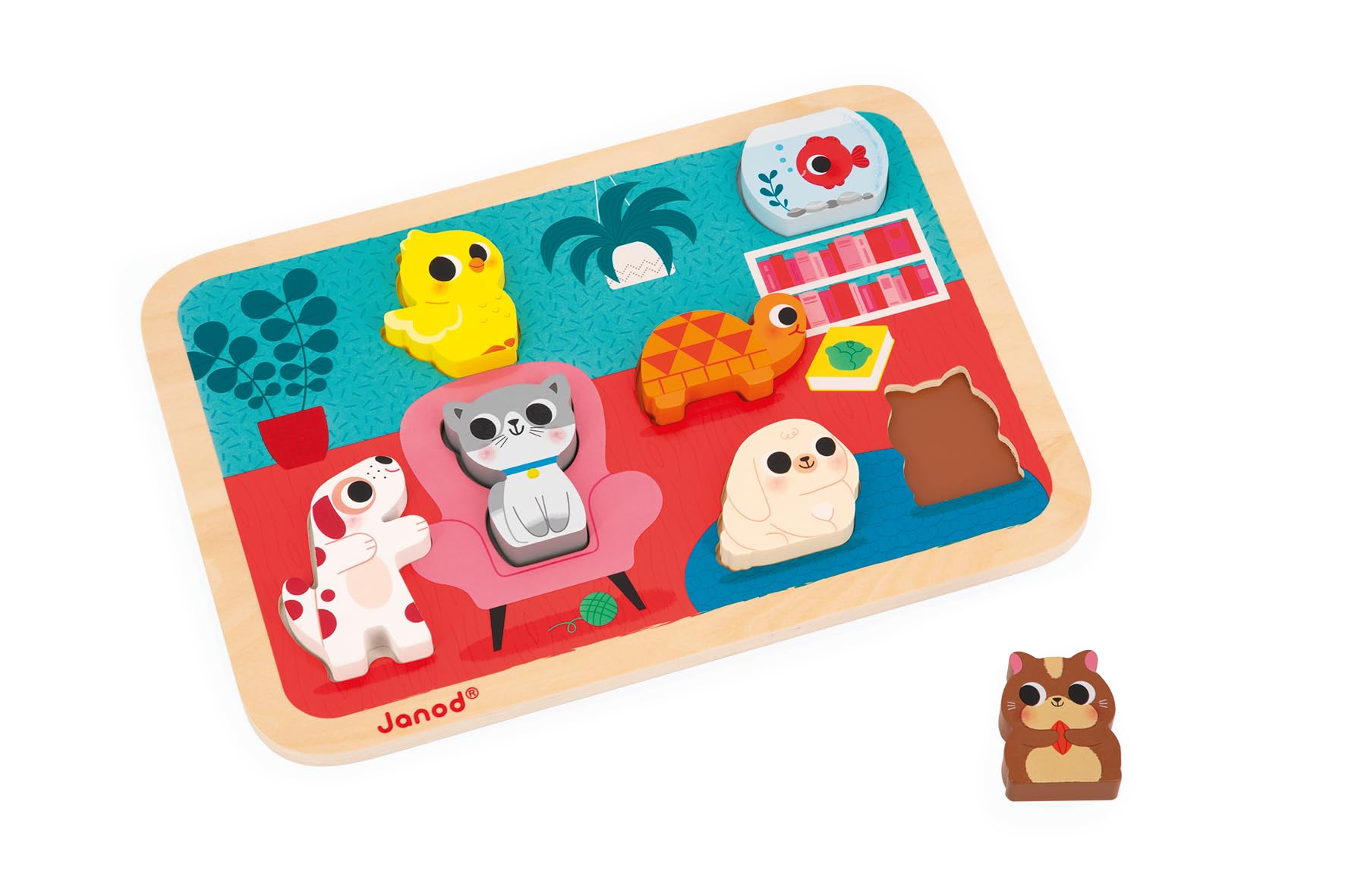 Janod chunky wooden toddler puzzle with large knob pieces and colorful animal illustration