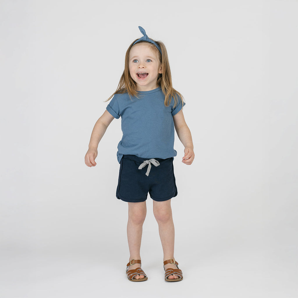 Mini Mioche organic cotton toddler essential tee and shorts set in muted natural color