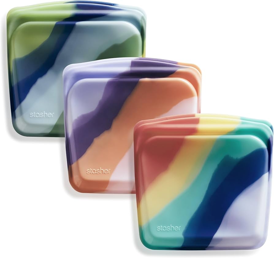 Stasher reusable platinum silicone snack bags 3-pack in assorted colors with pinch seal