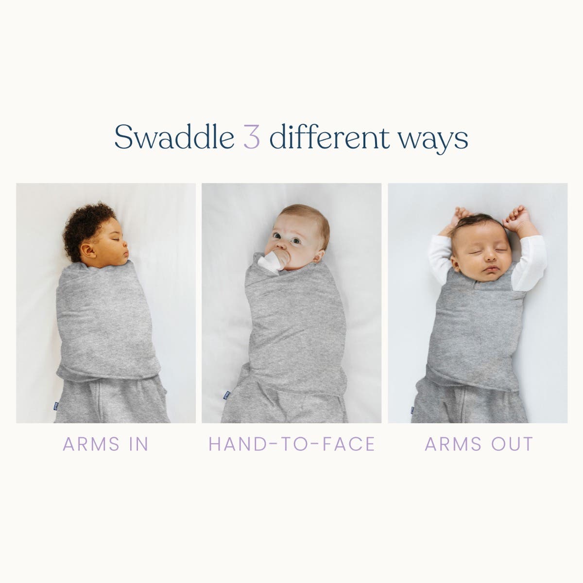 HALO SleepSack Swaddle 100% cotton showing three swaddle positions