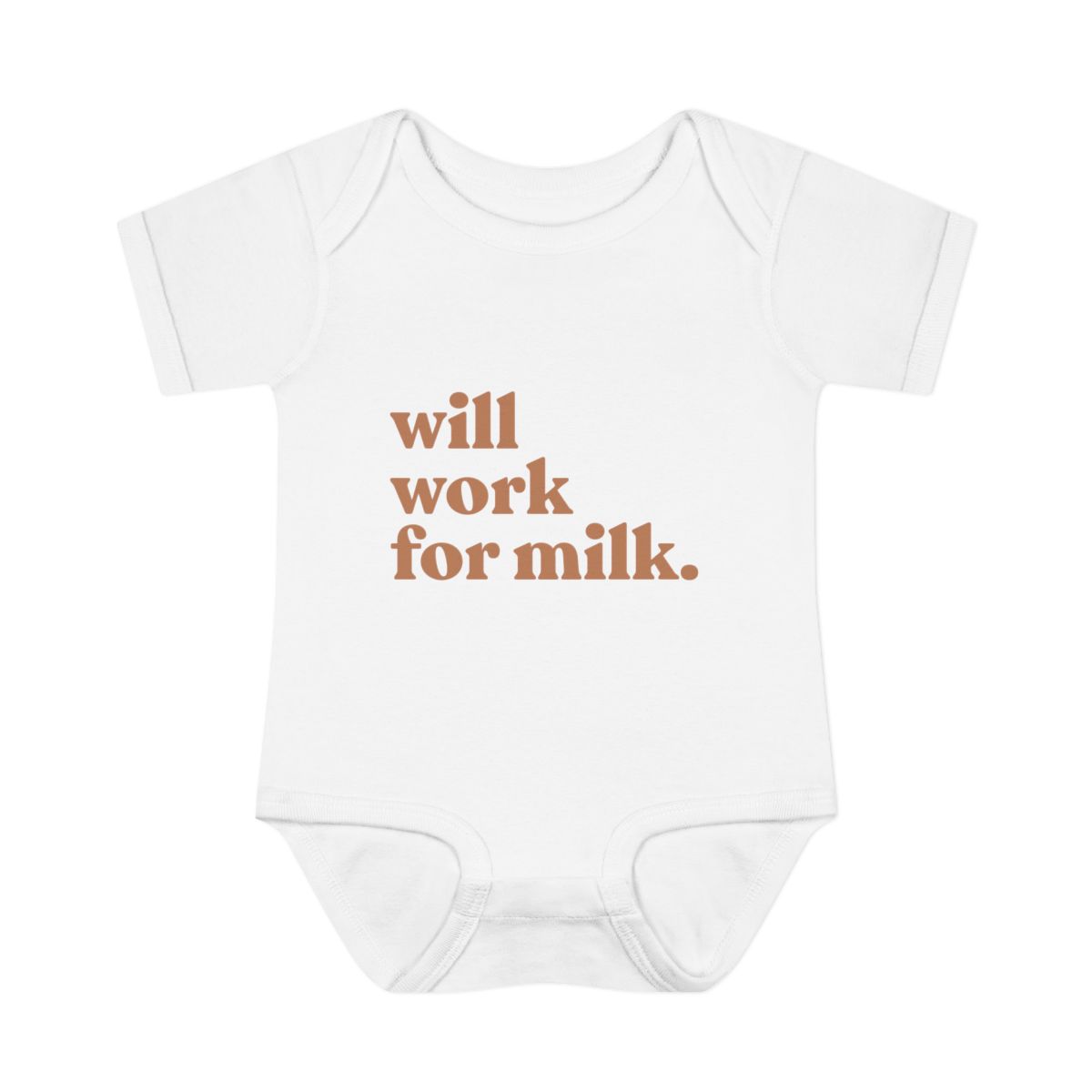 Will Work For Milk baby bodysuit by WeeBoss — playful brown text on natural cotton bodysuit
