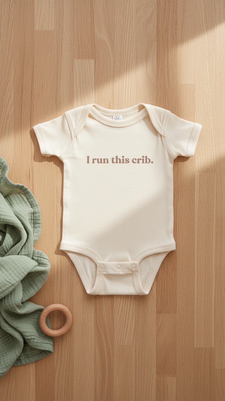 Cream WeeBoss baby bodysuit laid flat on warm wood floor with soft sage muslin and wooden teether ring