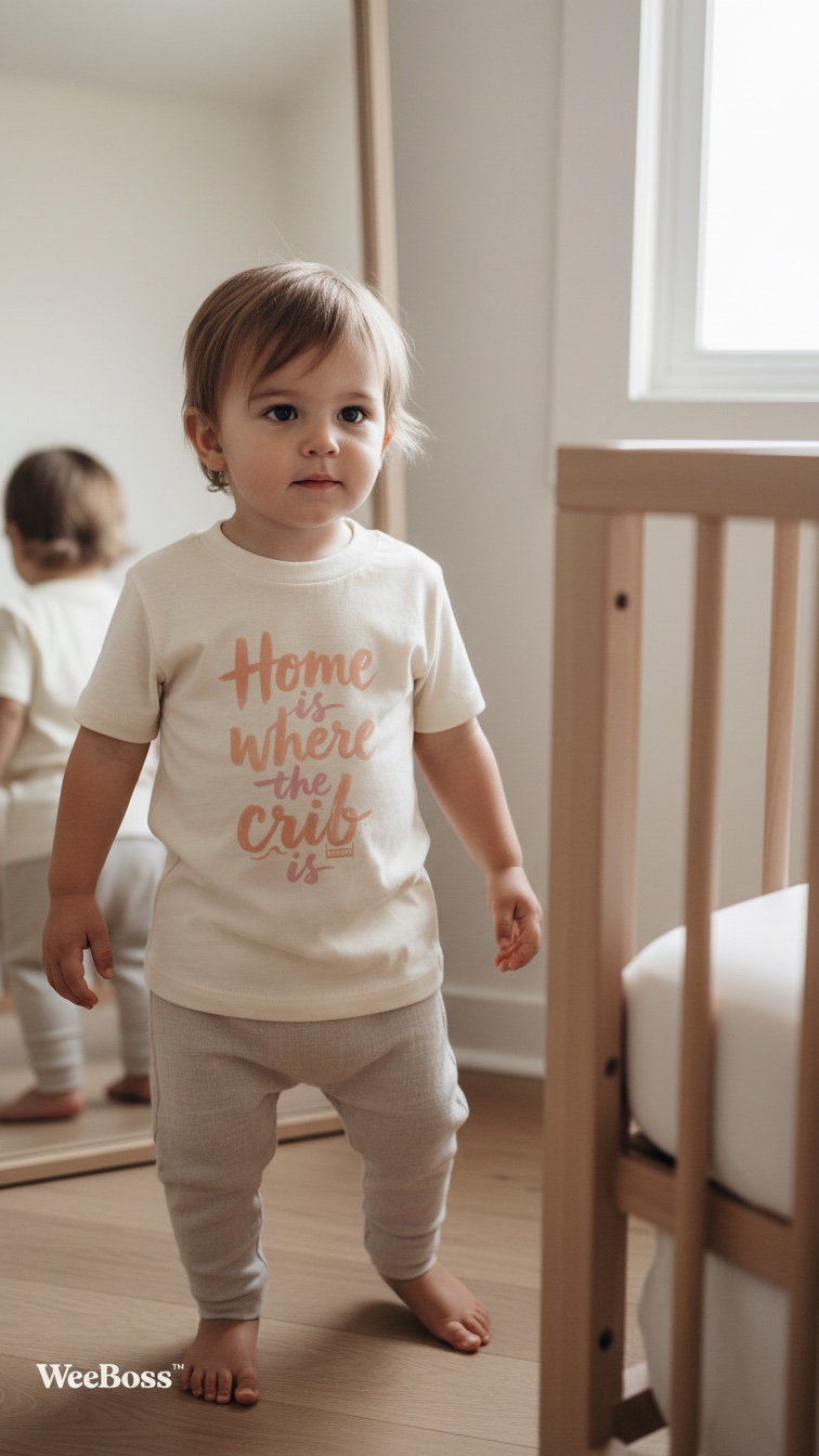 Young toddler in a cream WeeBoss tee standing next to a wood crib in a bright nursery with natural window light — representing the bigger baby and toddler size range