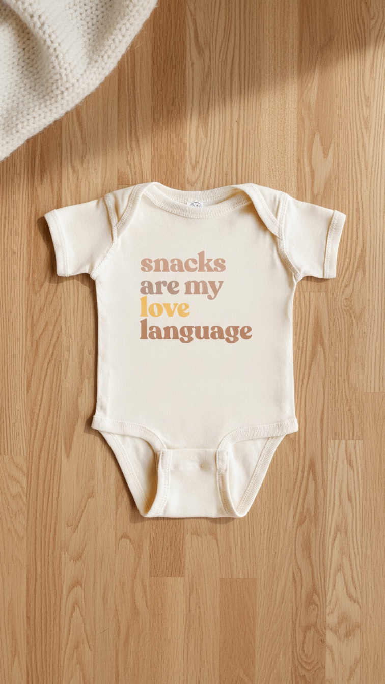 Cream WeeBoss baby bodysuit flat lay on warm wood floor — soft oat fabric with playful lettering, showing a classic early-size gift piece
